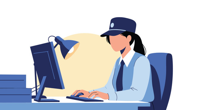 Female security guard or officer in a blue uniform and cap working on a computer at a desk with a lamp and files.
