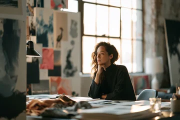 visionary designer working in sunlit atelier, creative director in industrial loft studio, modern designer surrounded by sketches and moodboards © CROCOTHERY