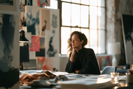 visionary designer working in sunlit atelier, creative director in industrial loft studio, modern designer surrounded by sketches and moodboards