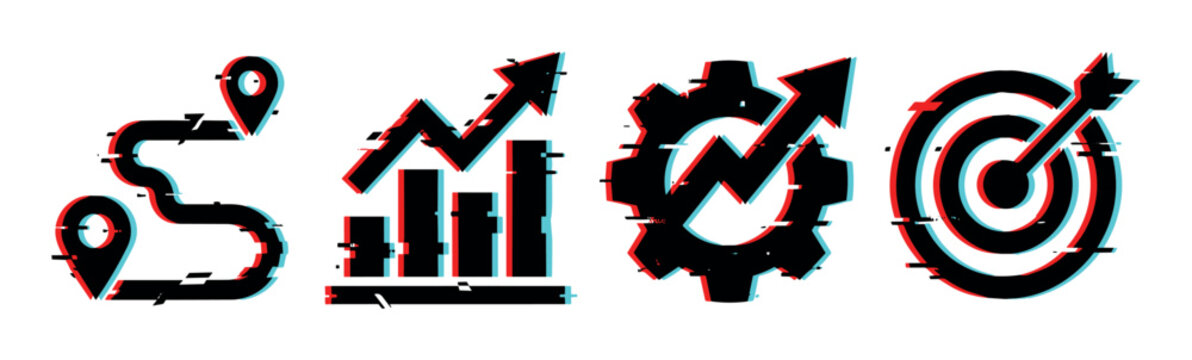 Location pin route, bar chart arrow, gear process, and target dartboard icons with glitch effect