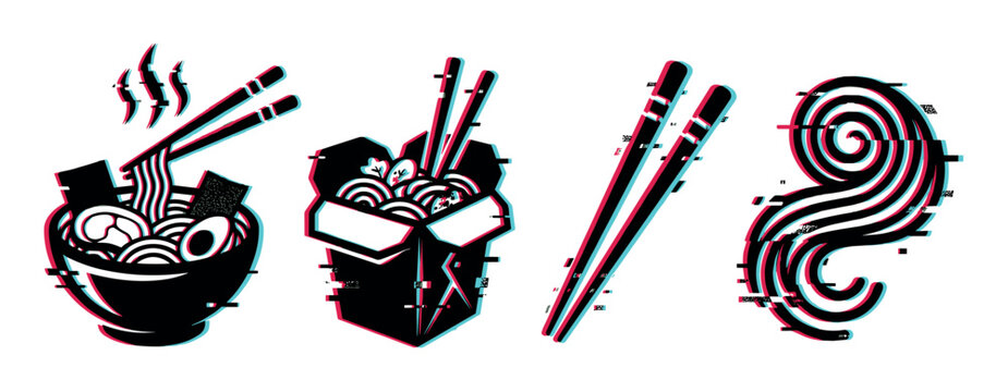 Ramen bowl noodles chopsticks take-out box glitch effect icon set, vector illustration in black, red, and blue colors