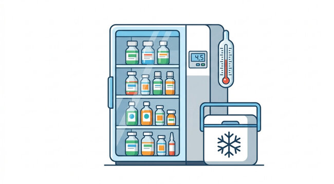 Medical cold storage icons vector grid with refrigerator thermometer and cooler