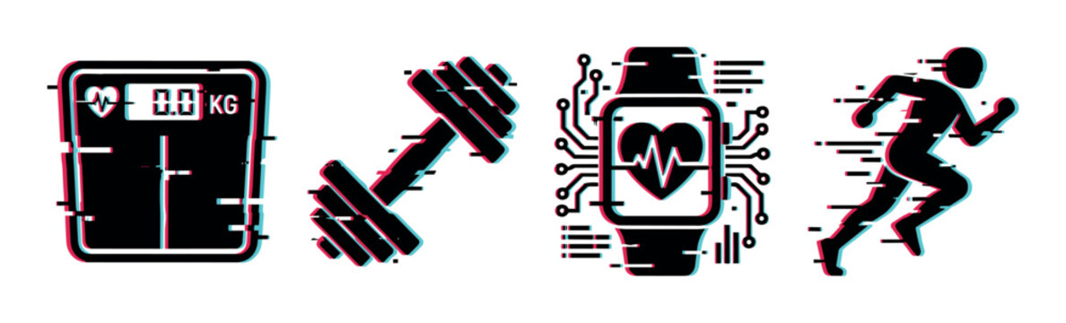 Weight scale dumbbell smartwatch running man icons with glitch effect, representing fitness, health, and exercise technology