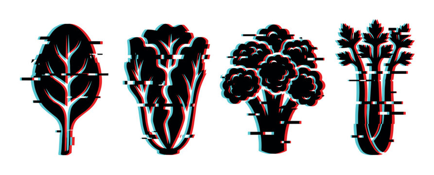 Spinach bok choy broccoli celery vegetables glitch effect vector illustration set