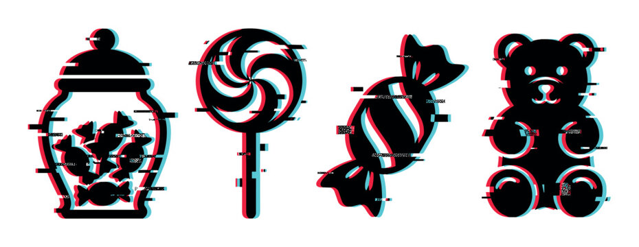 Candy jar lollipop wrapped candy gummy bear icons with glitch effect vector illustration