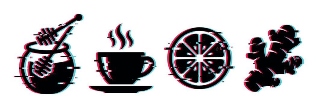 Honey pot dipper hot tea cup lemon slice ginger root icons with glitch effect, vector illustration