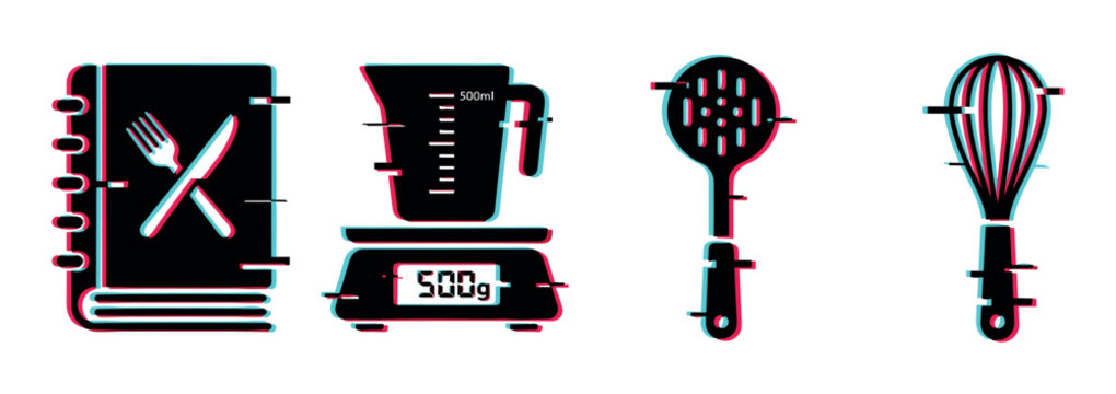 Recipe book, kitchen scale, slotted spoon, and whisk icons with a modern glitch effect, perfect for cooking and culinary themes
