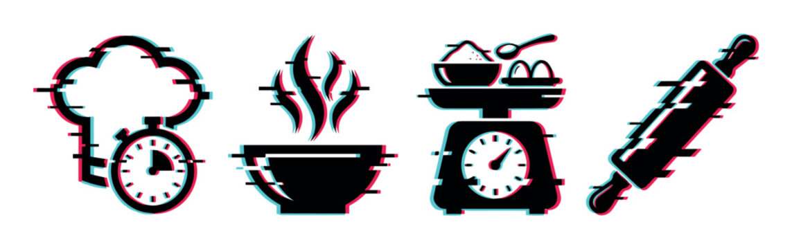 Chef hat stopwatch bowl steam scale eggs rolling pin cooking icons with glitch effect vector illustration