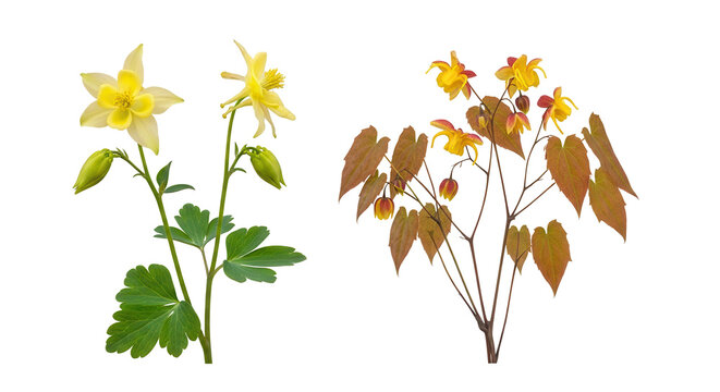 Set of Aquilegia chrysantha and Epimedium versicolor frontal isolated png on a transparent background perfectly cutout high resolution
