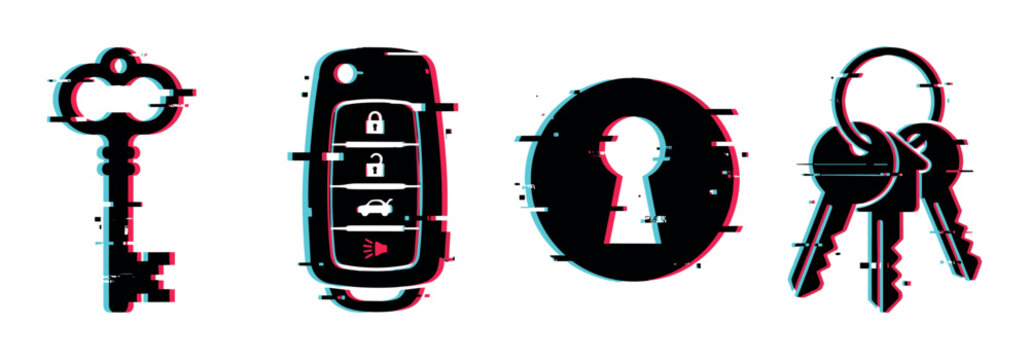 Old key car remote keyhole and keys on ring icons with glitch effect vector illustration