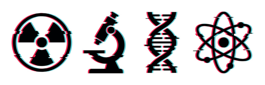 Radiation symbol, microscope, DNA helix, and atom icons with a modern glitch effect vector illustration