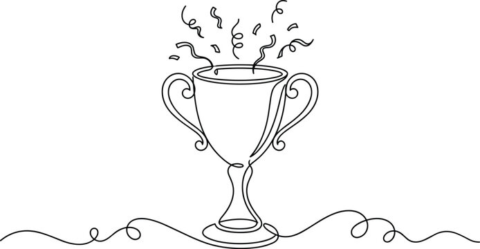 Minimalist continuous line drawing of trophy cup with celebratory confetti for success and achievement design projects
