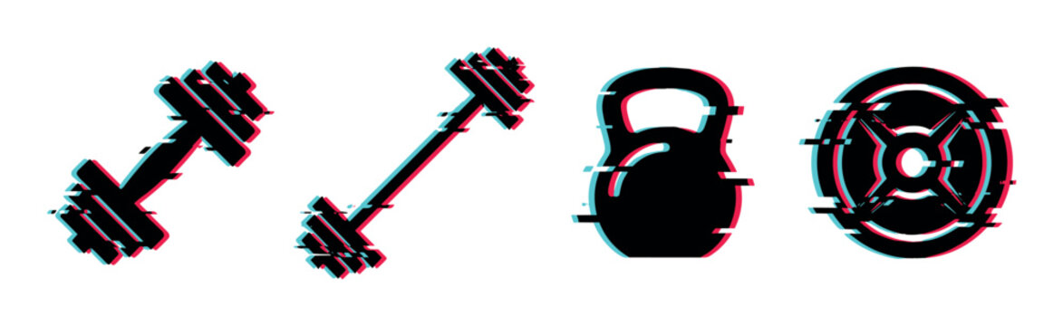 Dumbbell barbell kettlebell weight plate fitness icons with modern glitch effect vector illustration