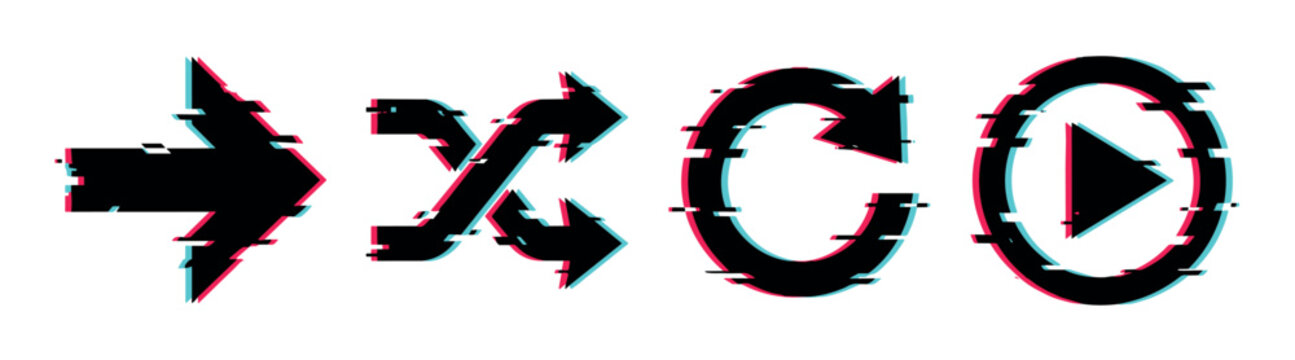 Arrow shuffle repeat play button icons with modern digital glitch effect, vector illustration