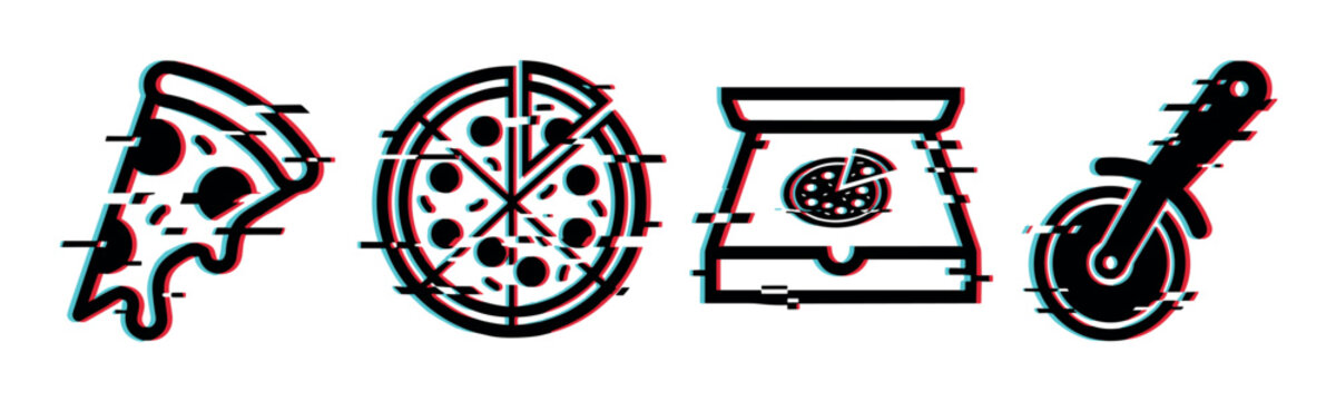 Pizza slice whole pizza box cutter icons with glitch effect, vector illustration in black and white with red and blue offset