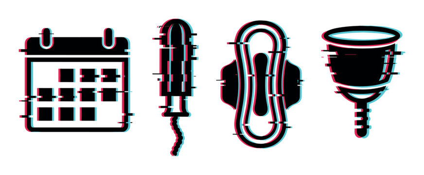 Calendar tampon pad menstrual cup icons with glitch effect, representing period tracking and feminine hygiene products