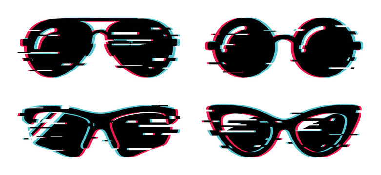Aviator round cat eye sport sunglasses with glitch effect vector illustration set