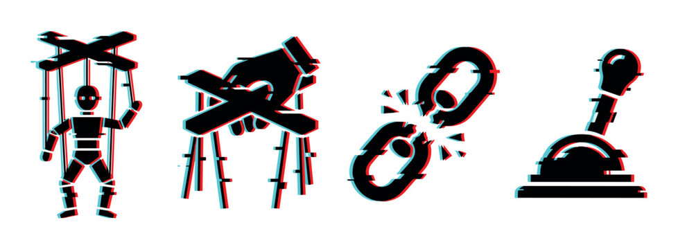 Puppet, control, broken chain, and gear shift icons with a modern glitch effect vector illustration set