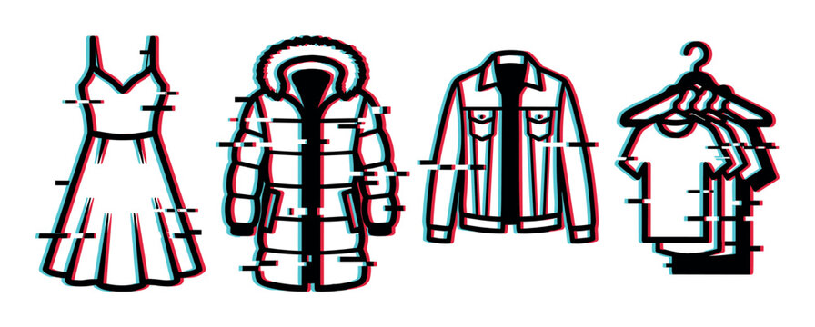 Dress parka jacket t-shirt clothing items with glitch effect vector illustration set
