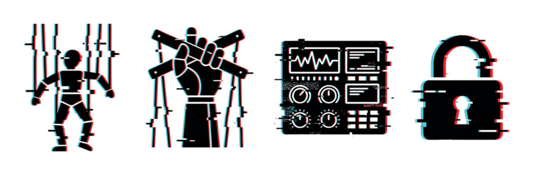 Puppet marionette hand control panel padlock icons with glitch effect, symbolizing digital manipulation, control, and security issues in a modern vector illustration