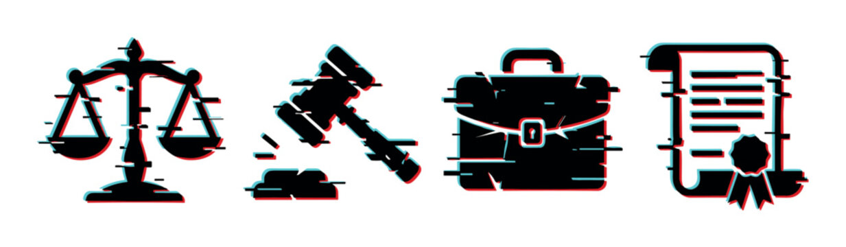 Scales of justice gavel briefcase certificate icons with glitch effect, vector illustration
