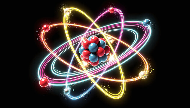 Vibrant Atomic Structure Model with Neon Orbitals and Nucleus on Black