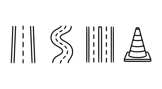 Road line art icon set vector with straight winding roads and traffic cone