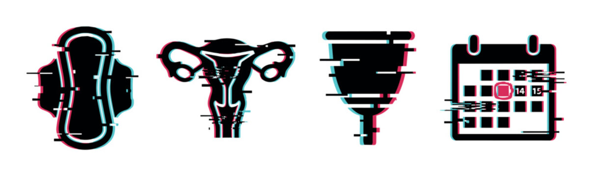 Sanitary pad uterus menstrual cup calendar icons with glitch effect, a vector illustration set for feminine hygiene and period tracking