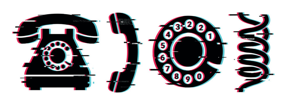 Retro telephone receiver dial cord icons with digital glitch effect, vector illustration