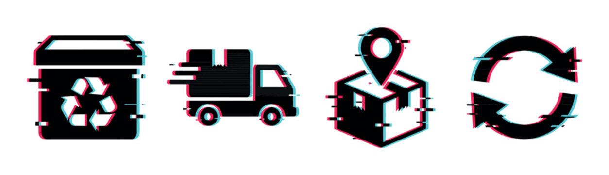 Recycle bin truck package location arrows icons with glitch effect, vector illustration for delivery and logistics