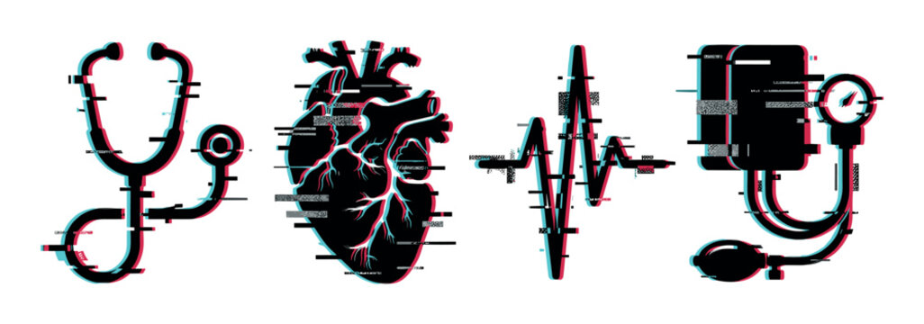 Stethoscope heart electrocardiogram blood pressure monitor medical icons with glitch effect