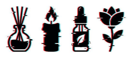 Fototapeta premium Diffuser sticks candle essential oil dropper bottle flower icons with glitch effect, vector illustration set