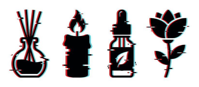 Diffuser sticks candle essential oil dropper bottle flower icons with glitch effect, vector illustration set