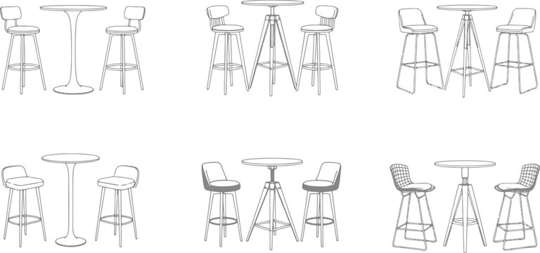 Set of bar table and stool furniture sketches for interior design projects in a clean line art style