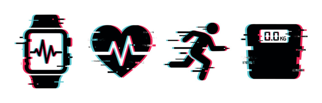 Smartwatch heart rate runner scale icons with glitch effect, representing fitness, health, and digital tracking
