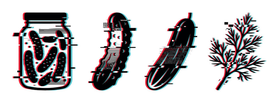 Pickles jar cucumber dill herb icons set with glitch effect, vector illustration