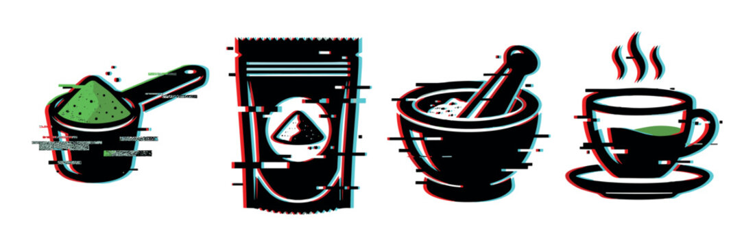 Matcha tea powder scoop bag mortar pestle hot cup icons with glitch effect, vector illustration