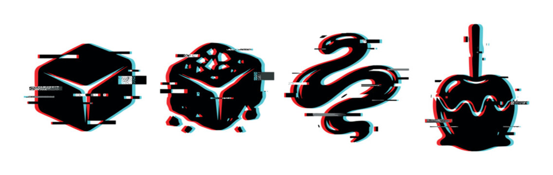 Cube, rock, snake, and candy apple icons with a modern glitch effect vector illustration