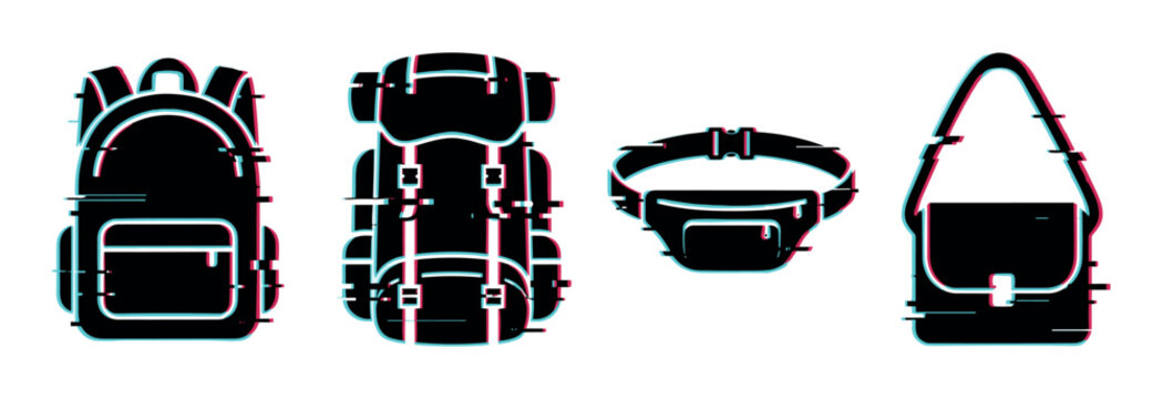 Backpack, rucksack, fanny pack, and shoulder bag icons with a modern glitch effect, vector illustration