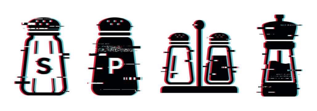 Salt shaker, pepper shaker, and grinder icons with a modern glitch effect vector illustration