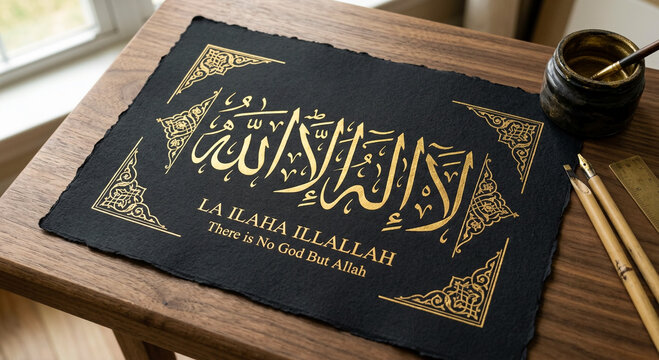 Premium Gold Arabic Calligraphy "La Ilaha Illallah" on Black Deckle-Edge Paper with Artisan Tools