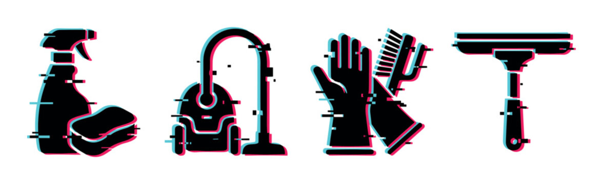 Spray bottle sponge vacuum cleaner gloves brush squeegee icons with glitch effect, vector illustration
