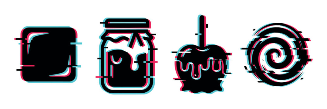 Square jar candy apple lollipop icons with glitch effect, modern digital distortion vector illustration