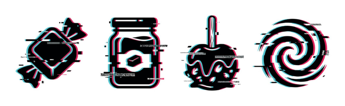 Candy jar caramel apple lollipop icons with digital glitch effect, vector illustration for sweet food and dessert concepts