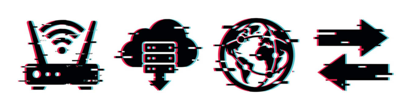 Router cloud server globe arrows icons with digital glitch effect, representing internet connection, data storage, global network, and transfer