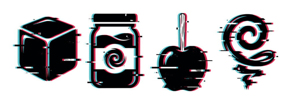 Cube, jar, candy apple, and lollipop icons with a trendy glitch effect, vector illustration