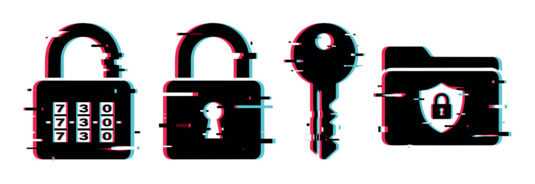 Padlock combination lock key folder shield icons with digital glitch effect, representing data security and cyber protection