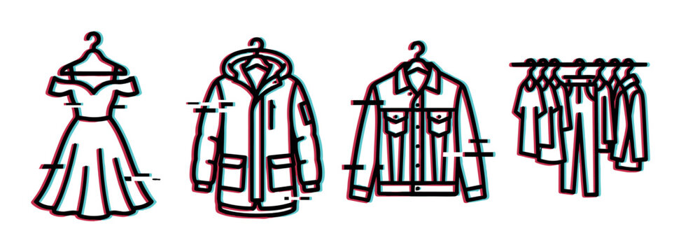 Dress parka jacket clothes rack icons with glitch effect, modern fashion apparel vector illustration set
