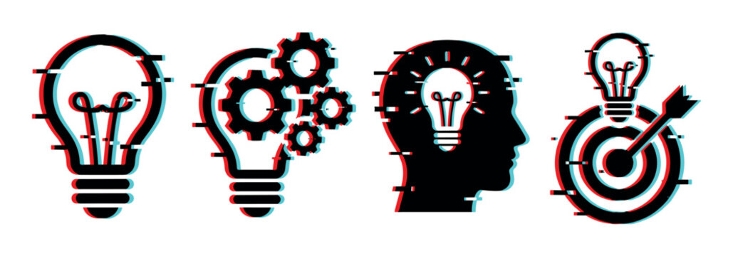Lightbulb gears human head target arrow icons with glitch effect, representing ideas, innovation, and problem-solving
