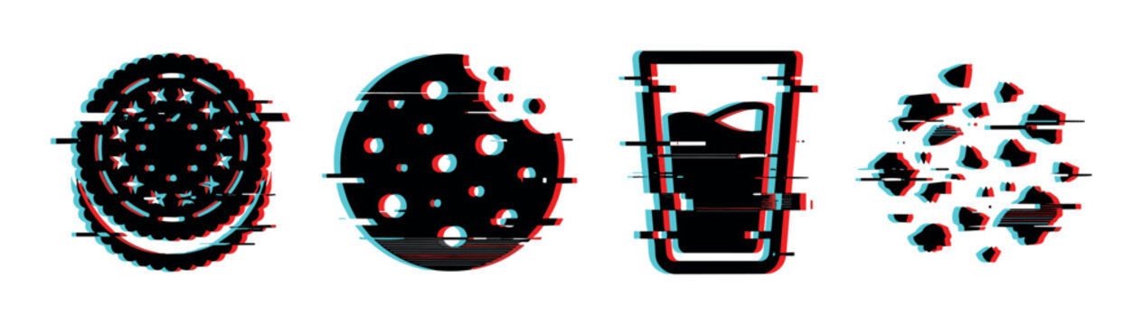 Cookie milk glass crumbs snack food icons with glitch effect vector illustration